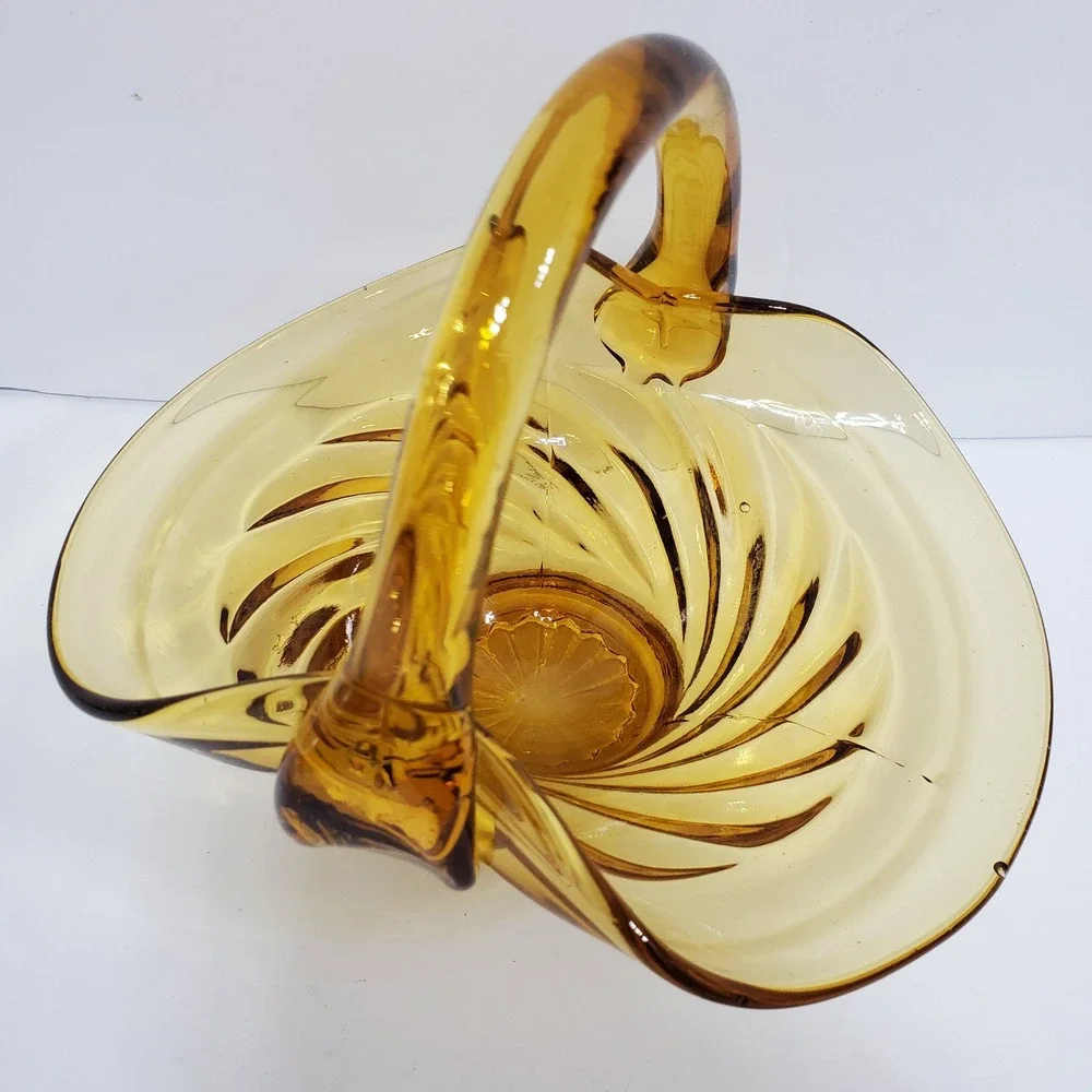 Vintage Amber Glass Swirl Basket Decor Amber Hand Blown Art Glass